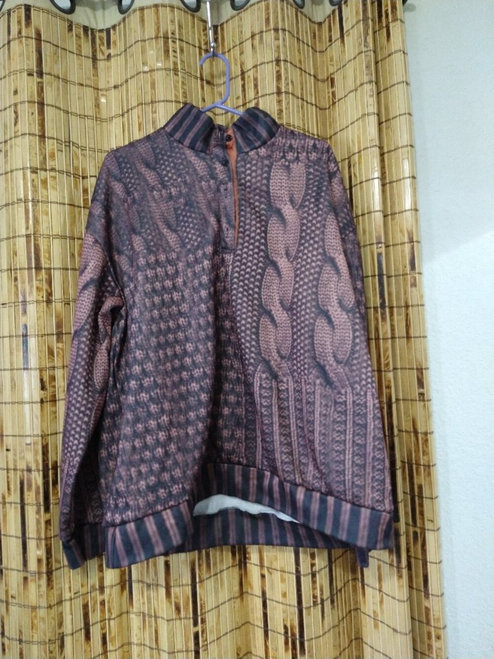 Trompe L'oeil Patchwork Cable Knit Print Button Pullover Sweatshirt Size 2XL